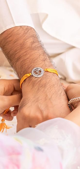 Rakva 92.5 Sterling Silver Rakhi For Brother | Om Bracelet | Rakhi for Men and Women | With Roli Chawal Tilak for Kids ( Pack Of 2 )