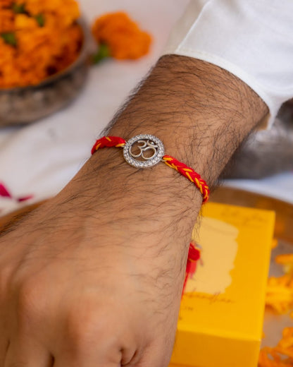 Rakva 92.5 Sterling Silver Rakhi For Brother | Om Bracelet | Rakhi for Men and Women | With Roli Chawal Tilak for Kids