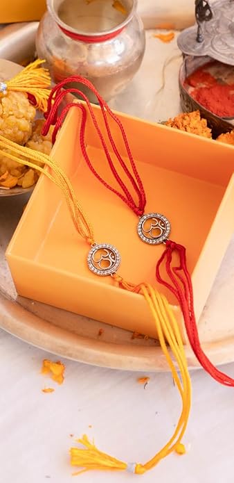 Rakva 92.5 Sterling Silver Rakhi For Brother | Om Bracelet | Rakhi for Men and Women | With Roli Chawal Tilak for Kids ( Pack Of 2 )