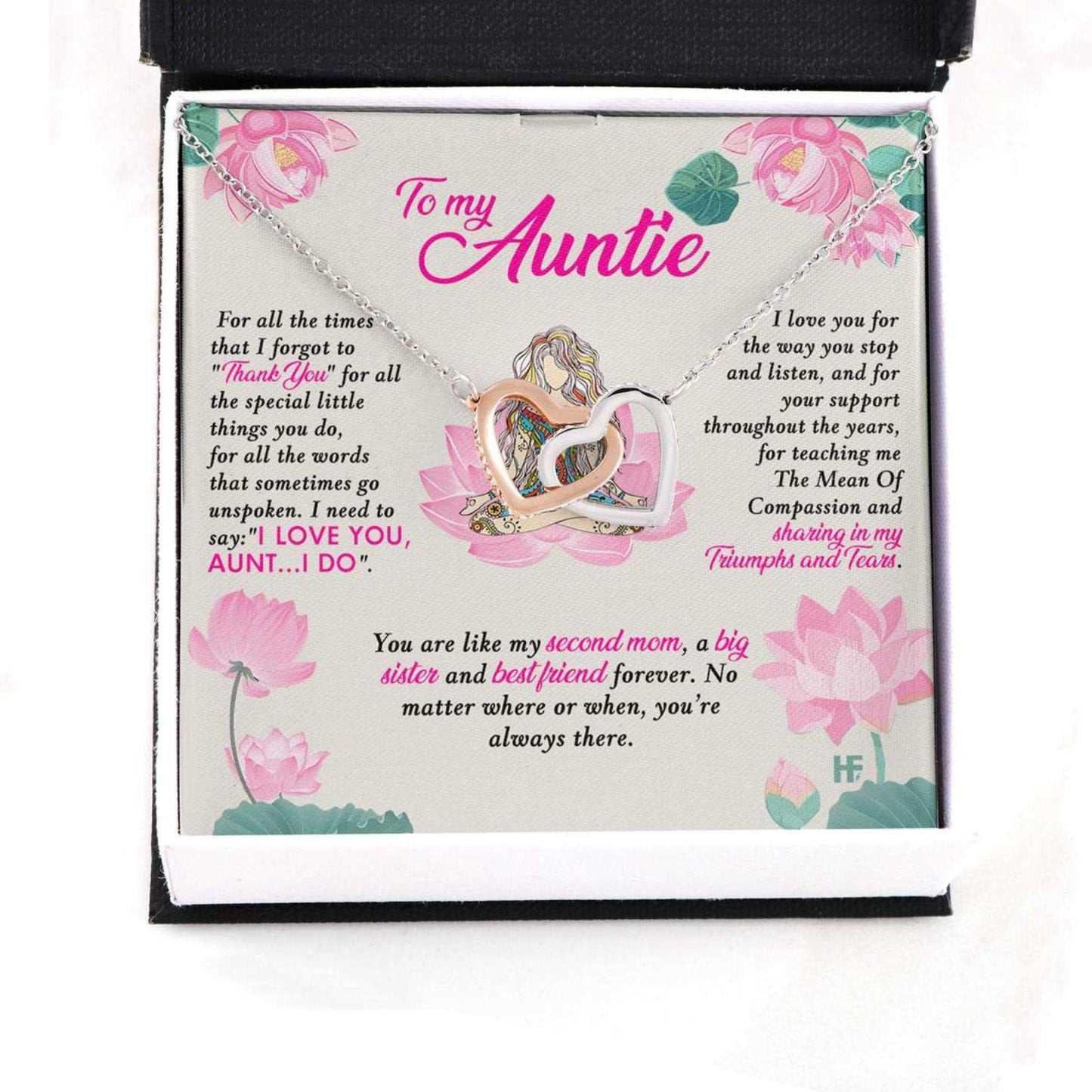 Aunt Necklace, Gift For Your Beautiful Auntie On Mother’S Day With Lotus Illustration Interlocking Hearts Necklaces Rakva