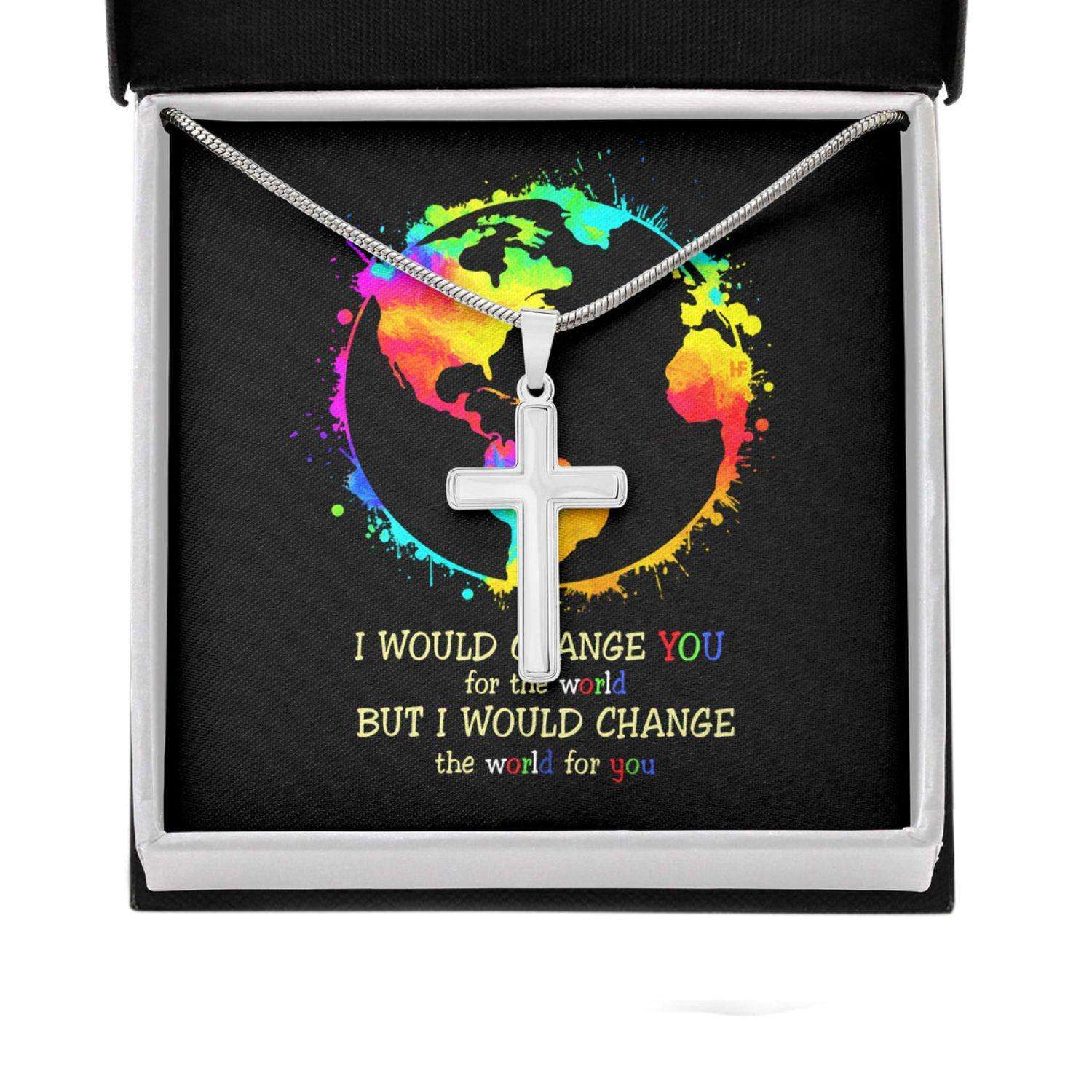 Awareness Necklace: I Would Change The World For You V2, Meaningful Autism Message Card Cross Necklace Rakva