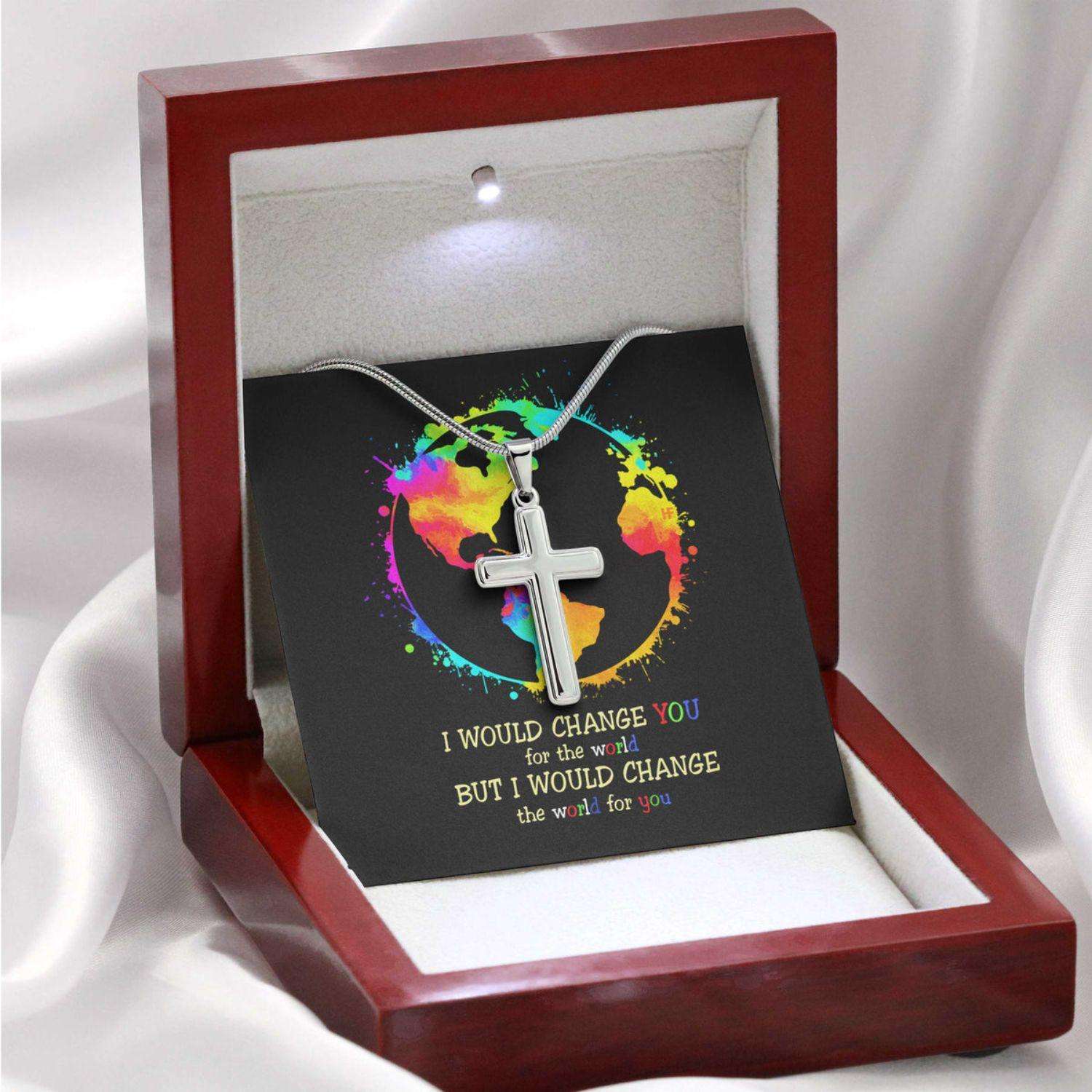 Awareness Necklace: I Would Change The World For You V2, Meaningful Autism Message Card Cross Necklace Rakva