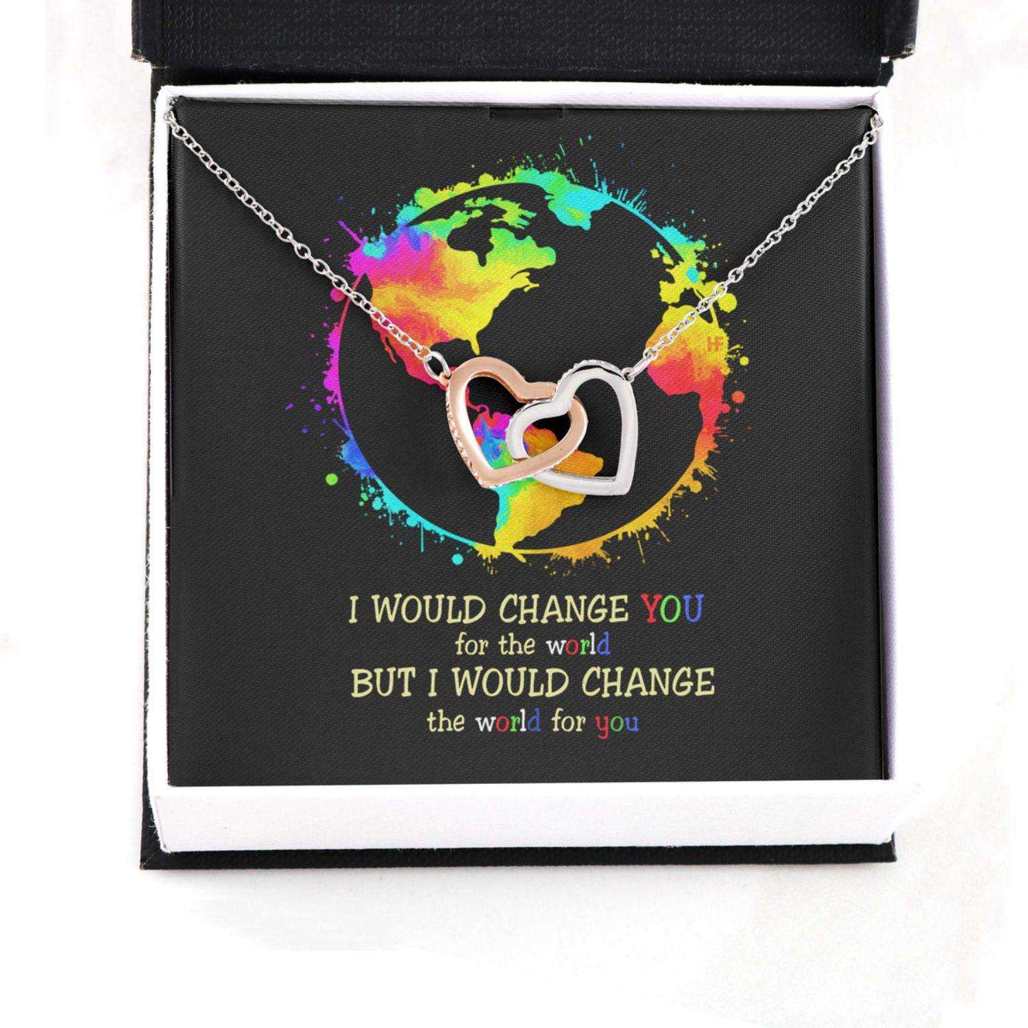 Awareness Necklace: I Would Change The World For You V2, Meaningful Autism Message Card Hearts Necklace Rakva