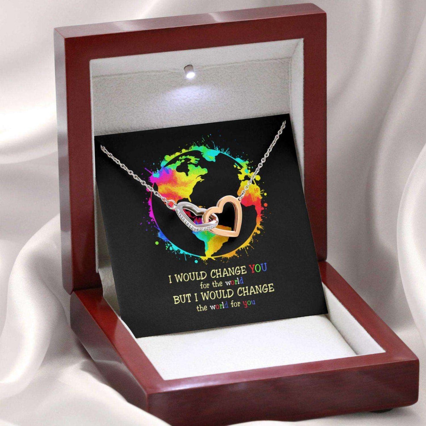 Awareness Necklace: I Would Change The World For You V2, Meaningful Autism Message Card Hearts Necklace Rakva