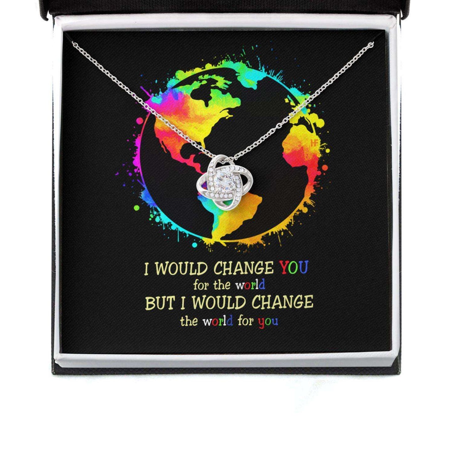 Awareness Necklace: I Would Change The World For You V2, Meaningful Autism Message Card Love Knot Necklace Rakva