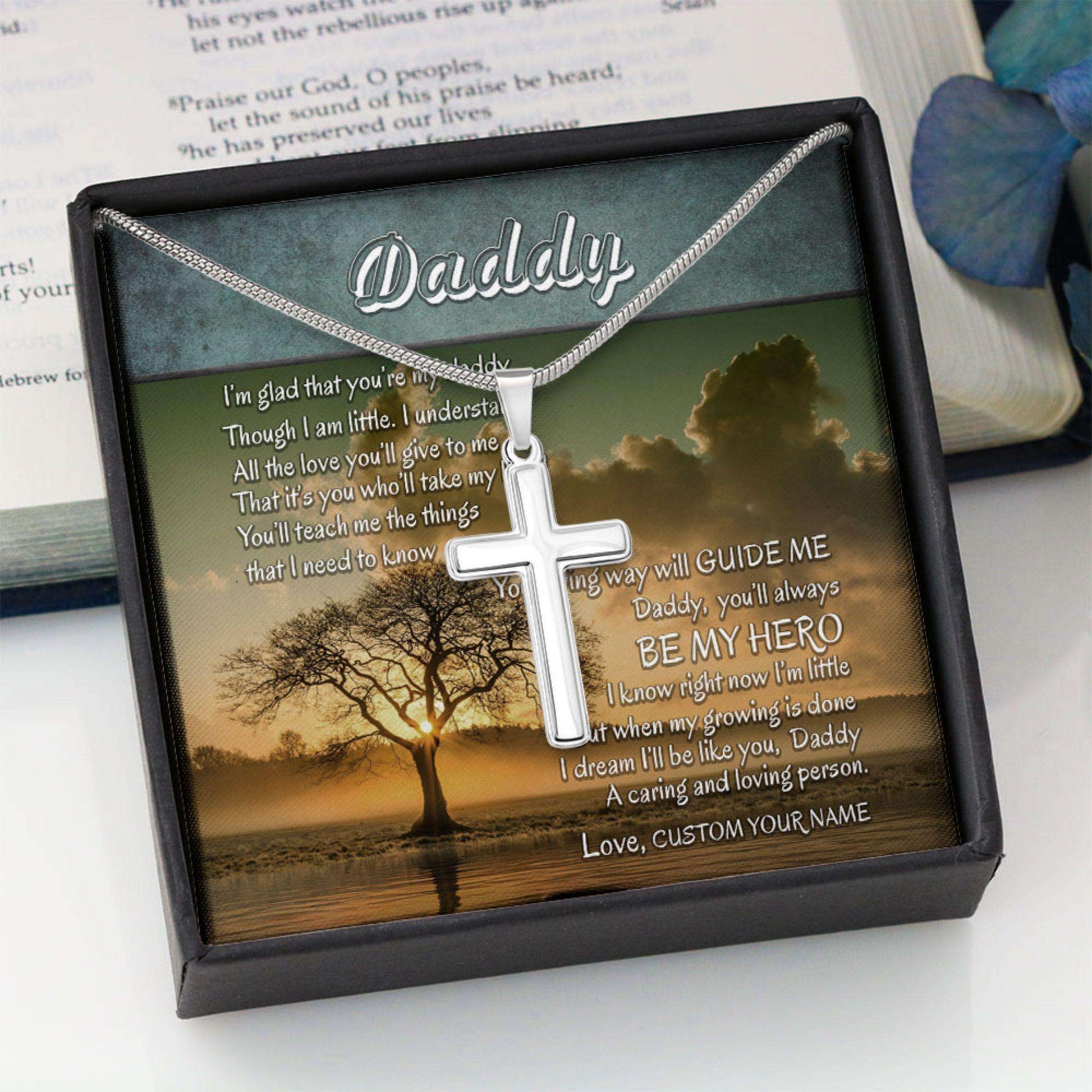 Dad Necklace, Daddy Necklace “ Dad Always My Hero Take My Hand “ Remembering Dad Gift Cross Necklace Father's Day Rakva