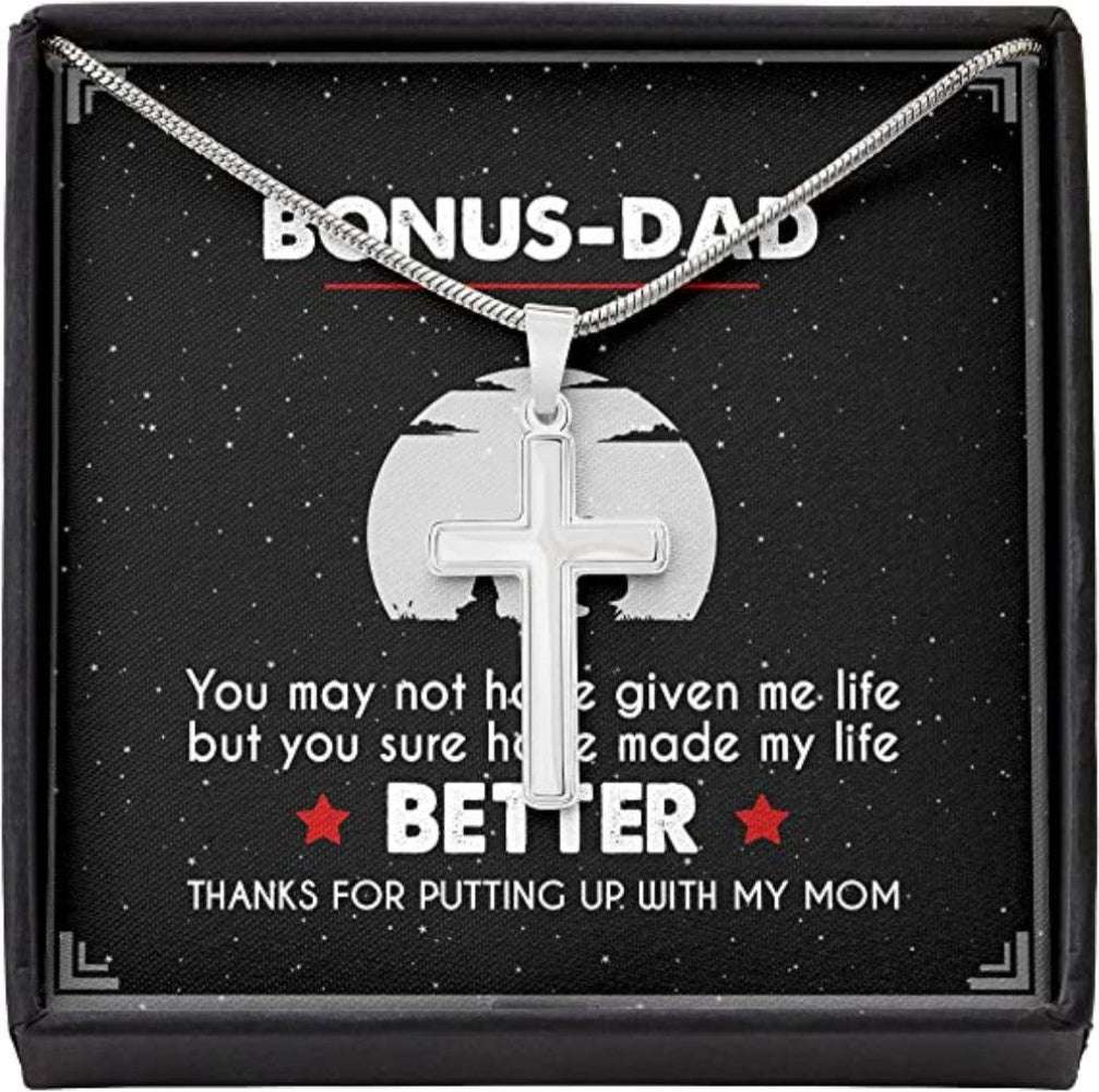 Dad Necklace, Stepdad Necklace, To Bonus Dad Necklace Life Better Stepped Up Stepdad Cross Necklaces For Men Boys Kids Dughter's Day Rakva