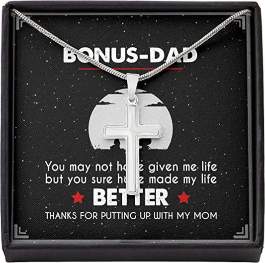 Dad Necklace, Stepdad Necklace, To Bonus Dad Necklace Life Better Stepped Up Stepdad Cross Necklaces For Men Boys Kids Dughter's Day Rakva