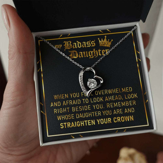 Daughter Necklace, Badass Daughter Straighten Your Crown Forever Love Heart Necklace Dughter's Day Rakva