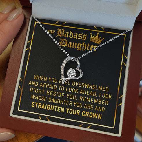 Daughter Necklace, Badass Daughter Straighten Your Crown Forever Love Heart Necklace Dughter's Day Rakva