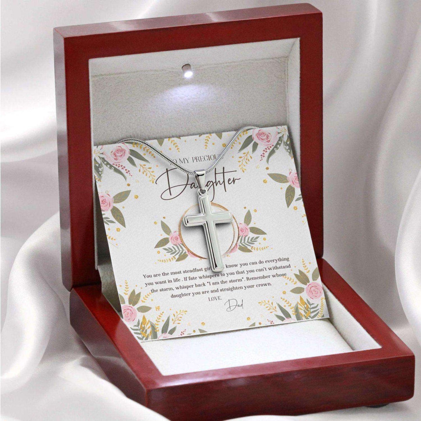 Daughter Necklace, Gift For Mother’S Day From Dad, Straighten Your Crown, Message Card Cross Necklace Dughter's Day Rakva