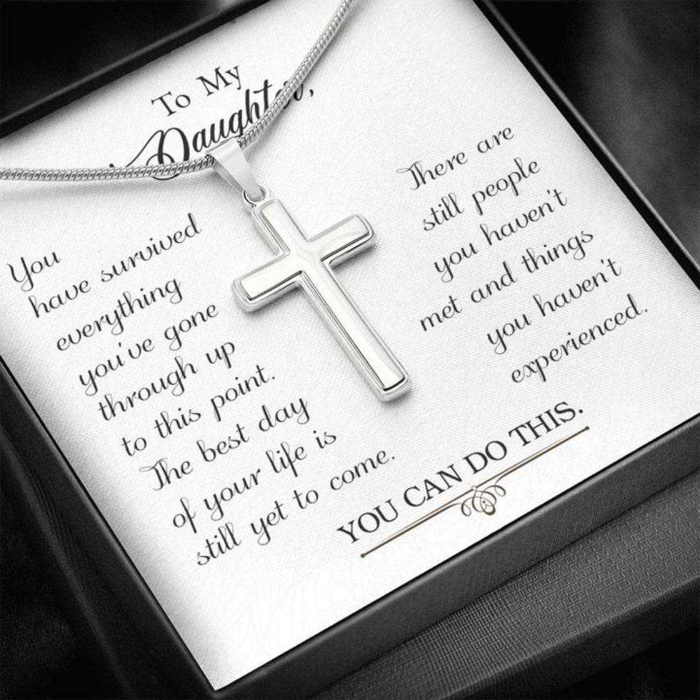 Daughter Necklace, Gift To Daughter “ Survived “ Forever Faithful Cross Necklace “ Gift Necklace Message Card Dughter's Day Rakva