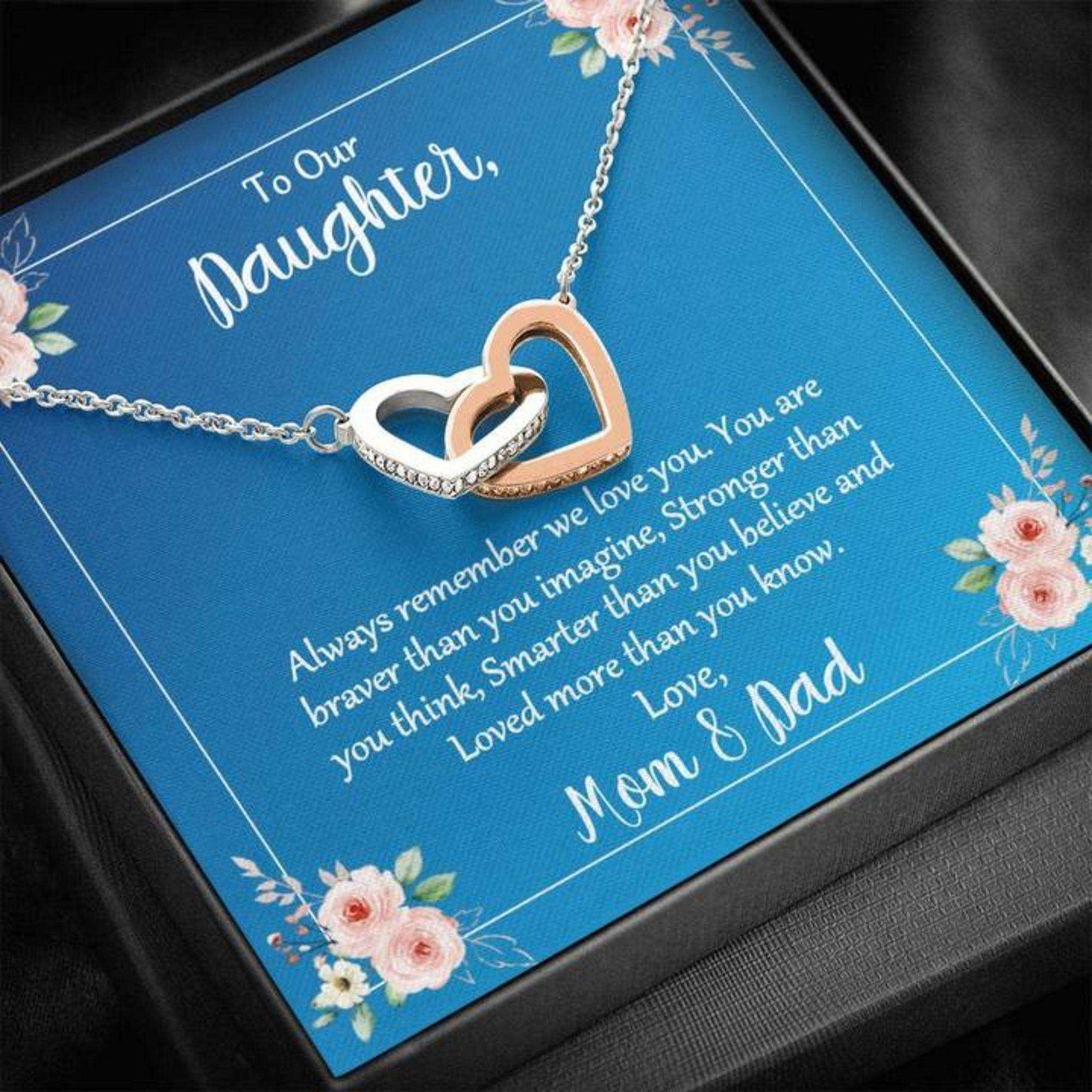 Daughter Necklace, To Our Daughter Joined Hearts Necklace Mom And Dad Stronger Than You Think Dughter's Day Rakva