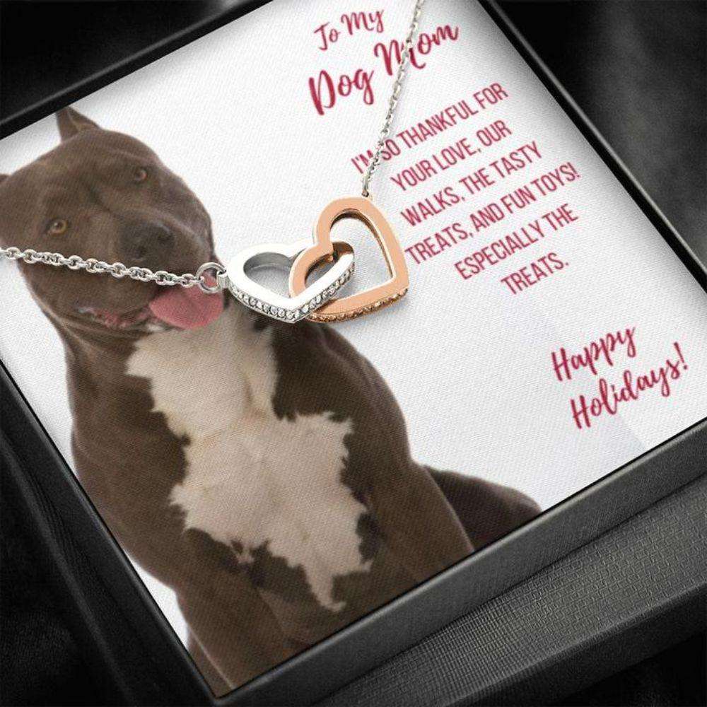 Dog Mom Necklace, Happy Holidays Gift “ Gray And White Pit Bull Dog Mom Necklace Gifts for Mother (Mom) Rakva