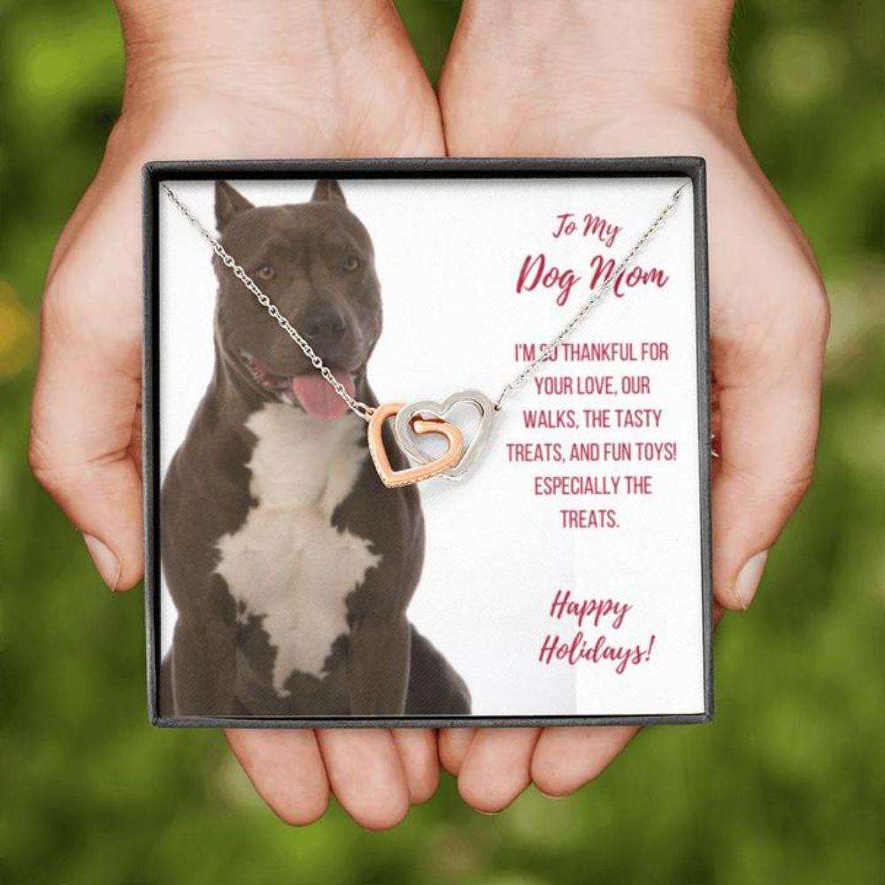 Dog Mom Necklace, Happy Holidays Gift “ Gray And White Pit Bull Dog Mom Necklace Gifts for Mother (Mom) Rakva