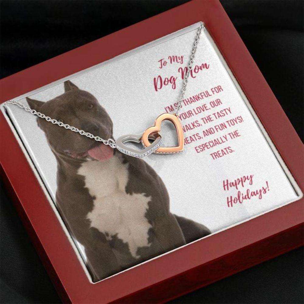 Dog Mom Necklace, Happy Holidays Gift “ Gray And White Pit Bull Dog Mom Necklace Gifts for Mother (Mom) Rakva