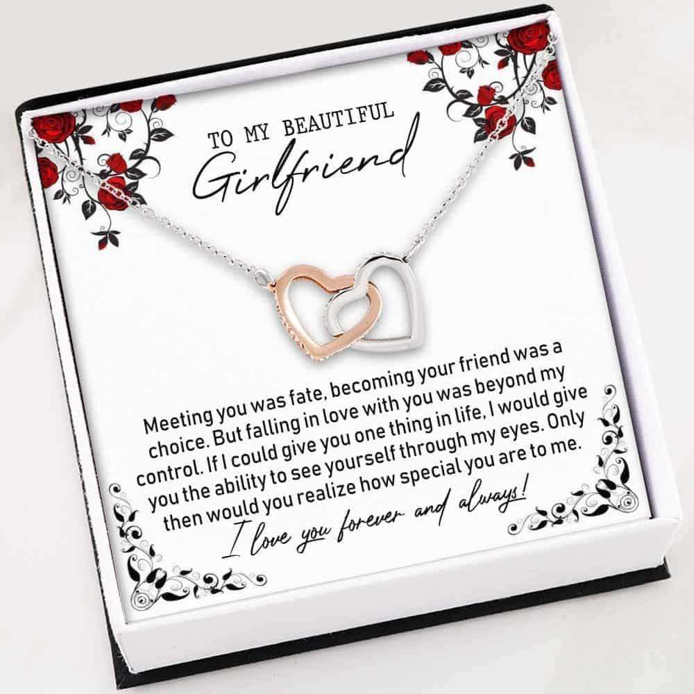 Girlfriend Necklace, To My Beautiful Girlfriend Necklace “ Interlocking Hearts Necklace With Gift Box For Karwa Chauth Rakva