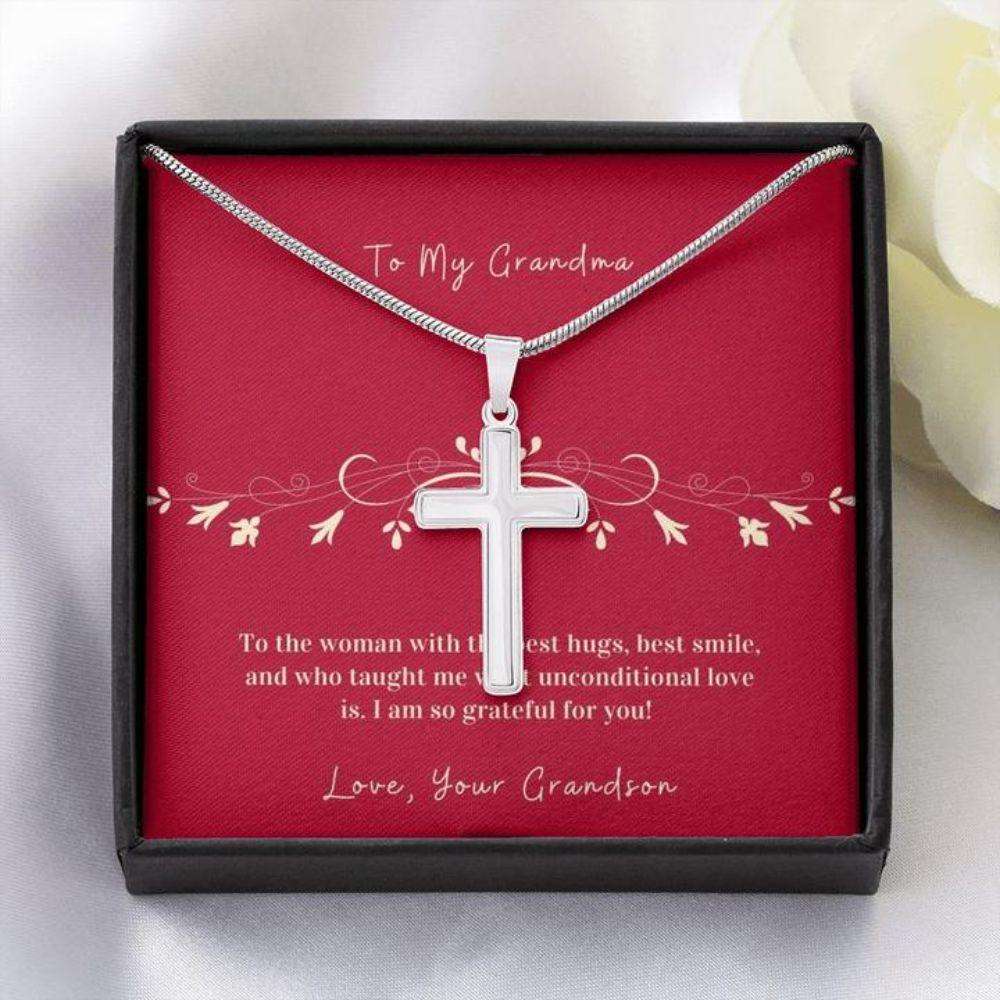 Grandmother Necklace, Cross Necklace Gift To Grandmother From Grandson “ Hug “ Gift Necklace Message Card Gifts for Grandmother Rakva