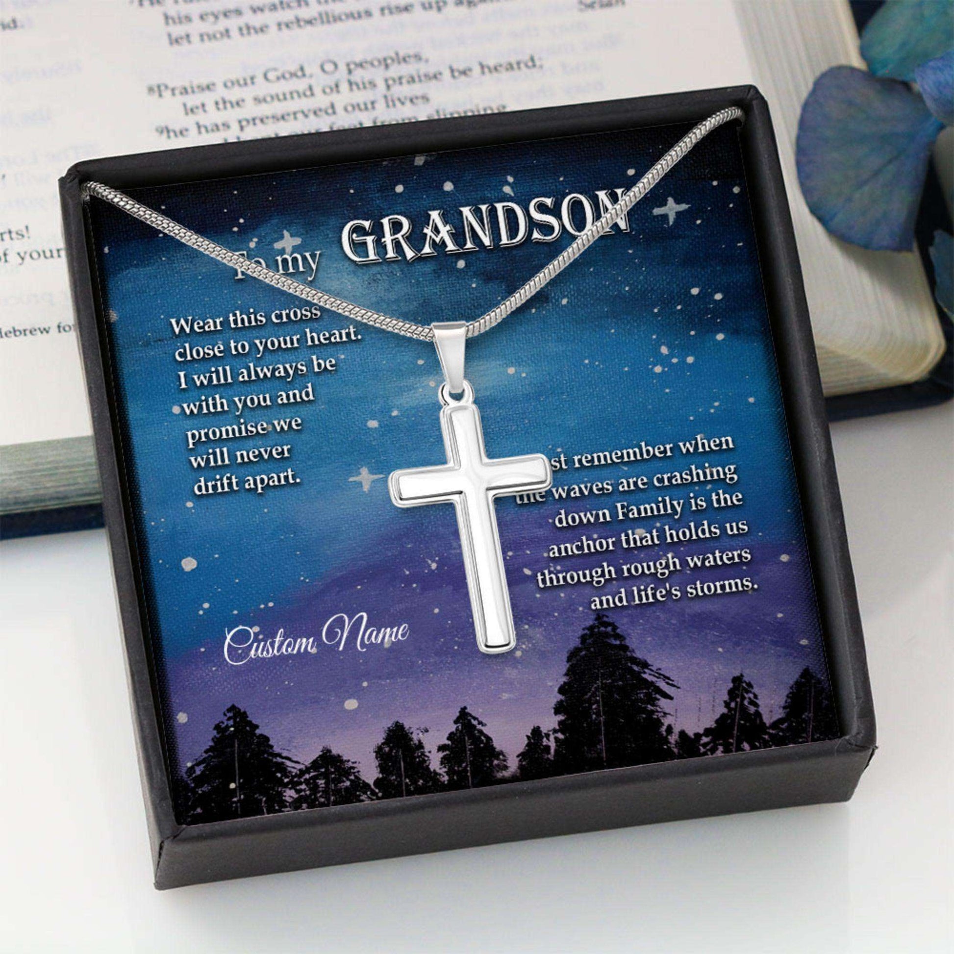 Grandson Necklace, To My Grandson Gift From Grandparents “ Cross Necklace Gifts for Grandson Rakva