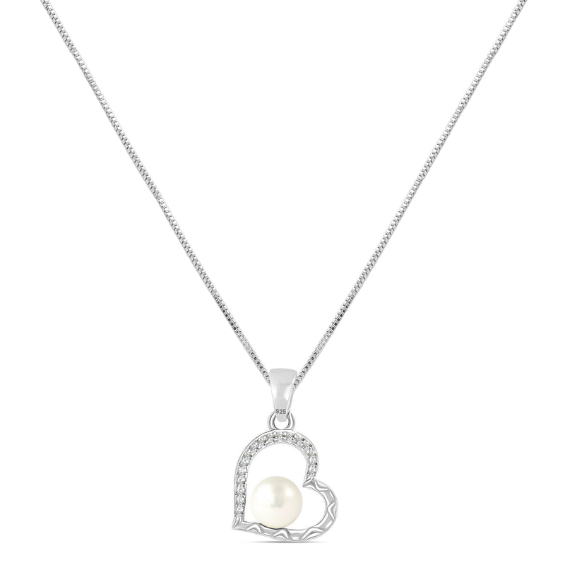 Heartfelt Sparkle: 925 Sterling Silver CZ Heart Pearl Pendant Necklace - Delicate Beauty for Women and Girls For Self Rakva