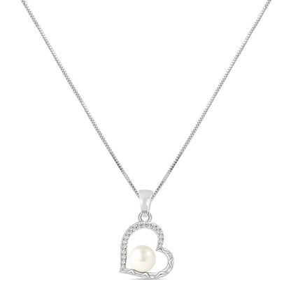 Heartfelt Sparkle: 925 Sterling Silver CZ Heart Pearl Pendant Necklace - Delicate Beauty for Women and Girls For Self Rakva