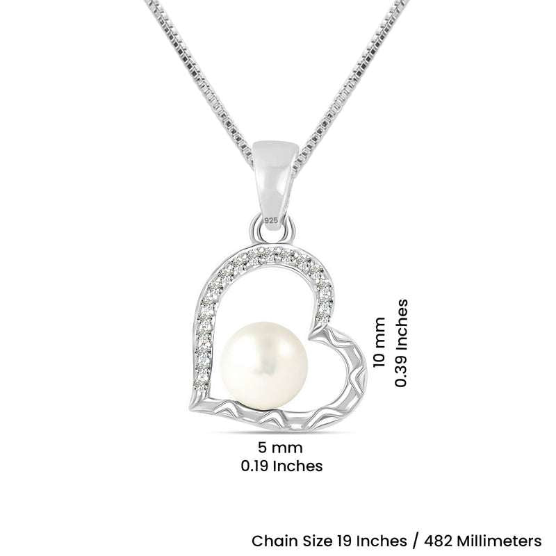 Heartfelt Sparkle: 925 Sterling Silver CZ Heart Pearl Pendant Necklace - Delicate Beauty for Women and Girls For Self Rakva