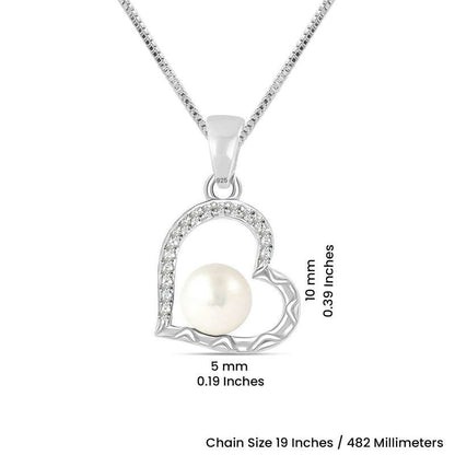 Heartfelt Sparkle: 925 Sterling Silver CZ Heart Pearl Pendant Necklace - Delicate Beauty for Women and Girls For Self Rakva