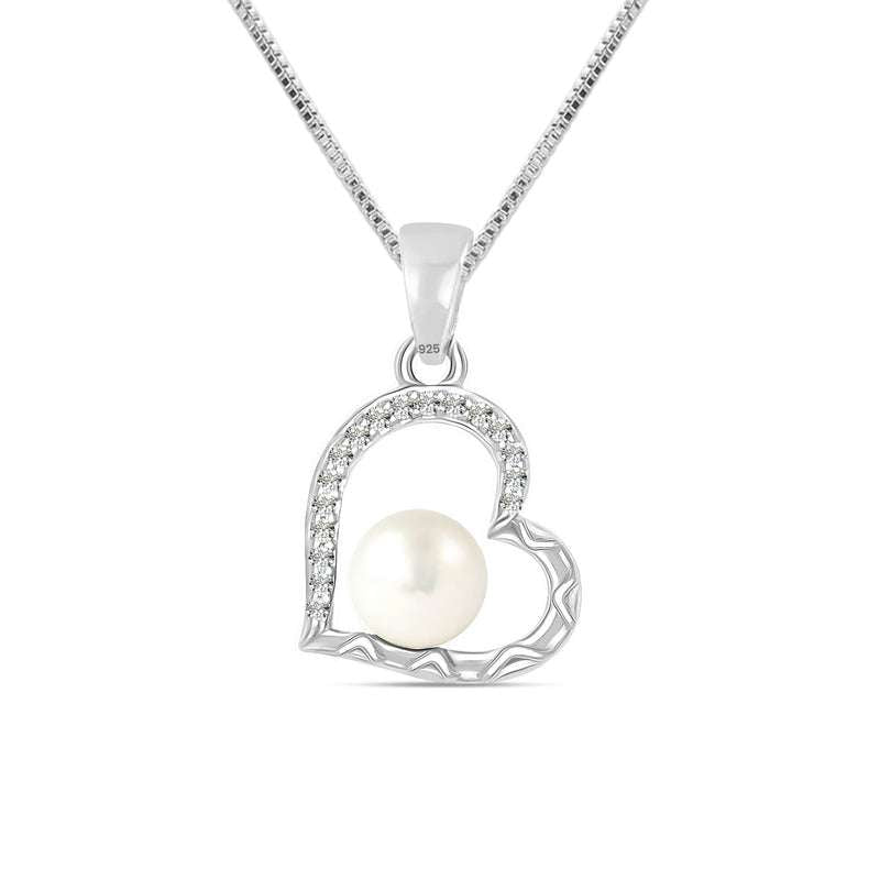 Heartfelt Sparkle: 925 Sterling Silver CZ Heart Pearl Pendant Necklace - Delicate Beauty for Women and Girls For Self Rakva