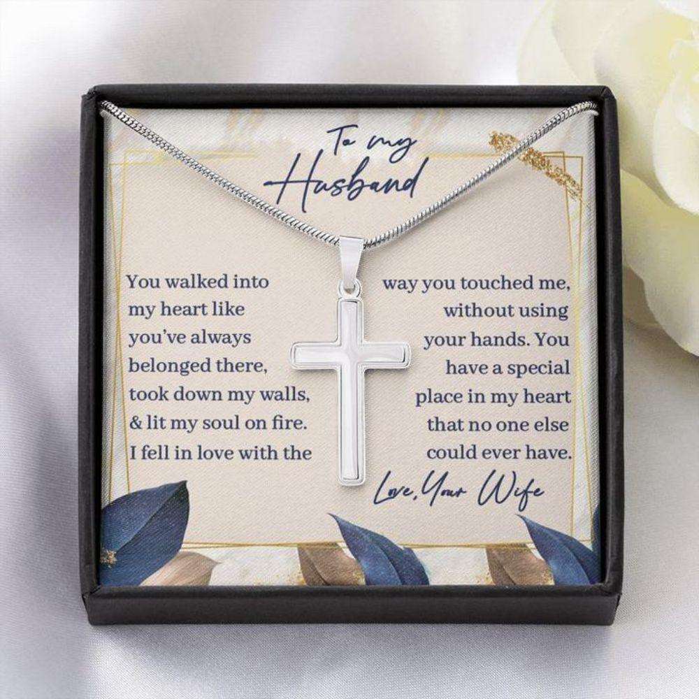 Husband Necklace, Cross Necklace Gift To Husband “ Walked Into My Heart “ Faithful Cross Necklace Gifts For Husband Rakva