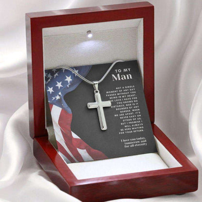 Husband Necklace, Military Deployment Gift, Personalized Cross Necklace For Husband Or Boyfriend, American Flag Gifts For Husband Rakva