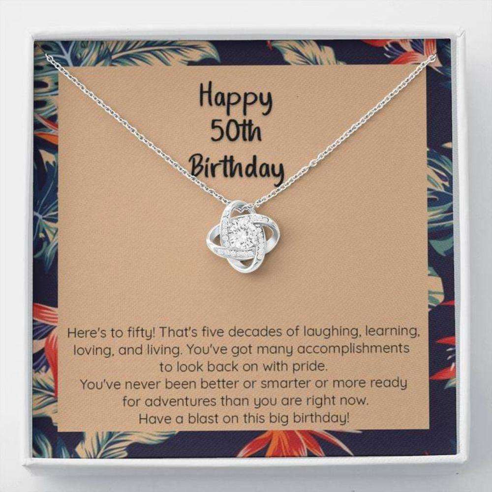 Mom Necklace, 50Th Birthday, 5 Decades Of Laughing And Learning, Cz Knot Necklace Gifts for Mother (Mom) Rakva