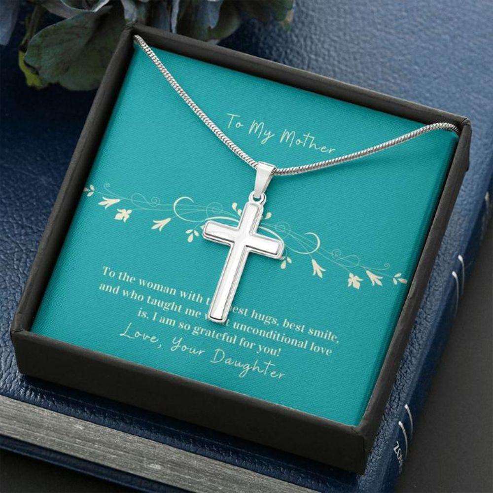 Mom Necklace, Cross Necklace Gift To Mother From Daughter “ Hug “ Faithful Cross Necklace Gifts For Daughter Rakva