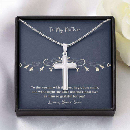 Mom Necklace, Cross Necklace Gift To Mother From Son “ Hug “ Faithful Cross Necklace “ Gift Necklace Message Card Gifts for Mother (Mom) Rakva