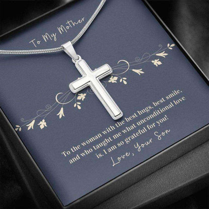 Mom Necklace, Cross Necklace Gift To Mother From Son “ Hug “ Faithful Cross Necklace “ Gift Necklace Message Card Gifts for Mother (Mom) Rakva