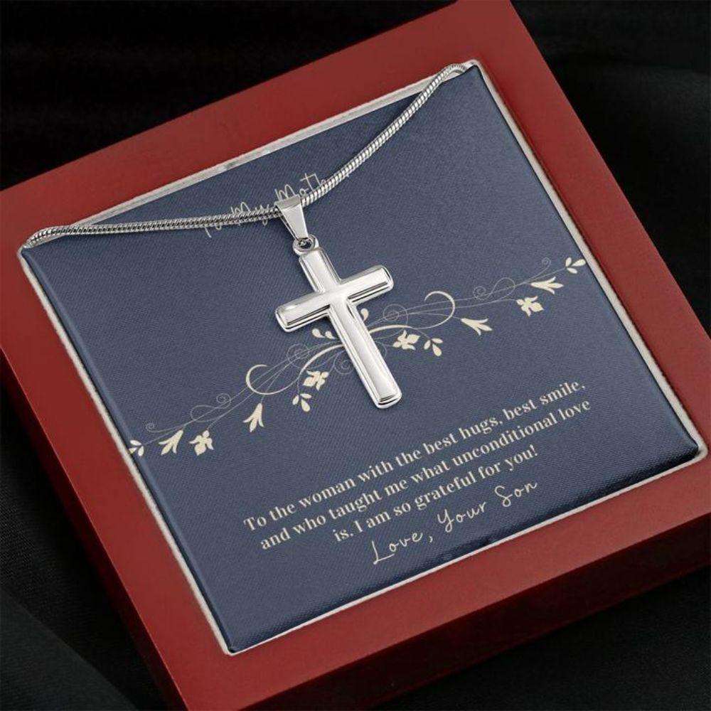 Mom Necklace, Cross Necklace Gift To Mother From Son “ Hug “ Faithful Cross Necklace “ Gift Necklace Message Card Gifts for Mother (Mom) Rakva