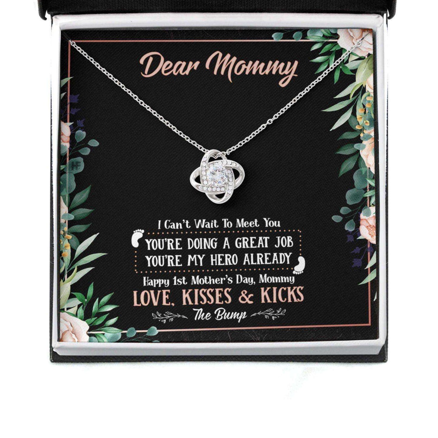 Mom Necklace, Gift For Mother’S Day Dear Mommy Can’T Wait To Meet You, Message Card Love Knot Necklace Gifts for Mother (Mom) Rakva