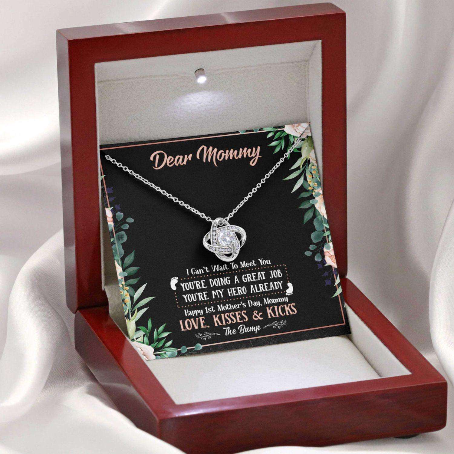 Mom Necklace, Gift For Mother’S Day Dear Mommy Can’T Wait To Meet You, Message Card Love Knot Necklace Gifts for Mother (Mom) Rakva