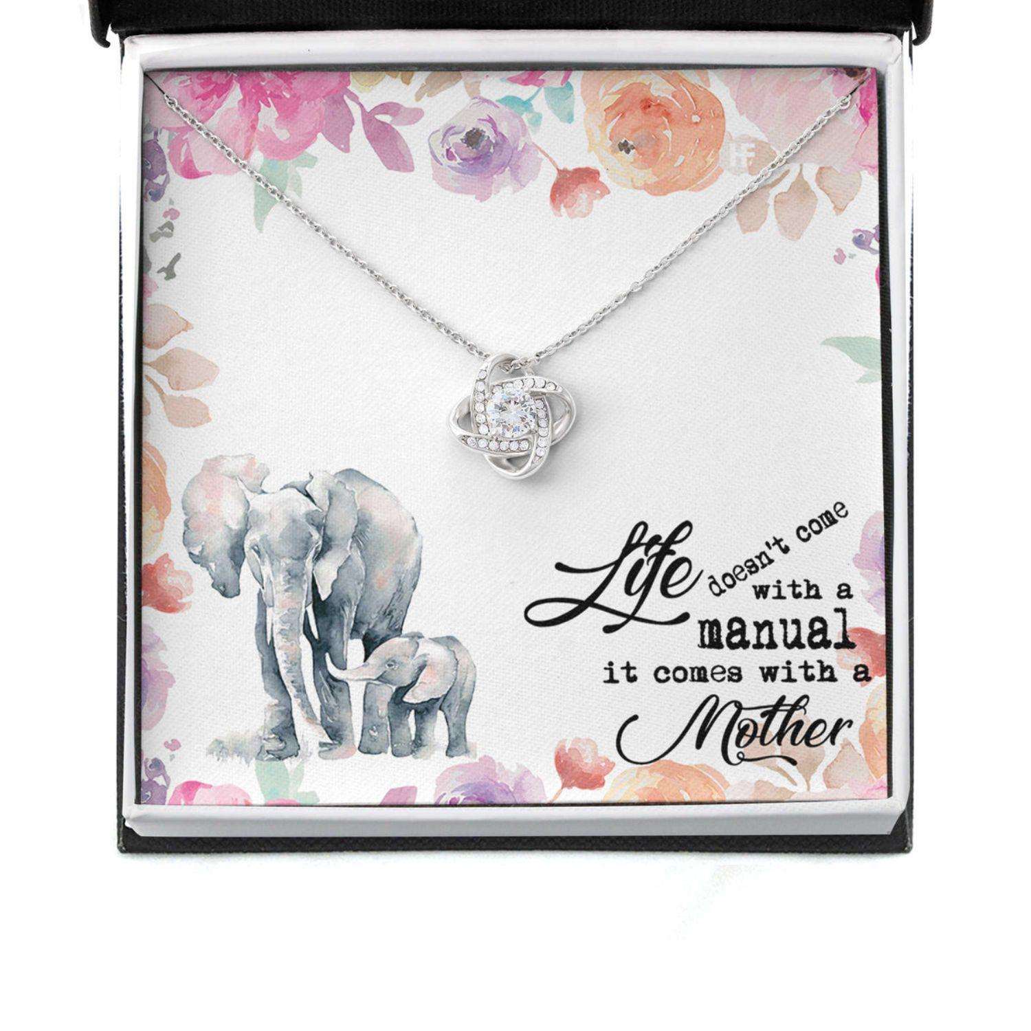 Mom Necklace, Gift For Mother’S Day Life Doesn’T Come With A Manual, Elephant Message Card Love Knot Necklace Gifts for Mother (Mom) Rakva