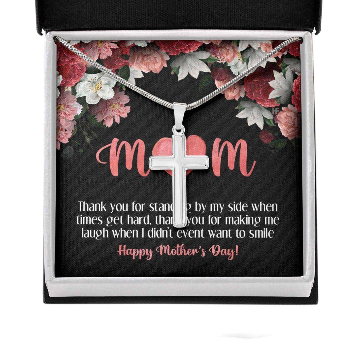 Mom Necklace, Gift For Mother’S Day Thank You For Standing By My Side, Heart Message Card Cross Necklace Gifts for Mother (Mom) Rakva