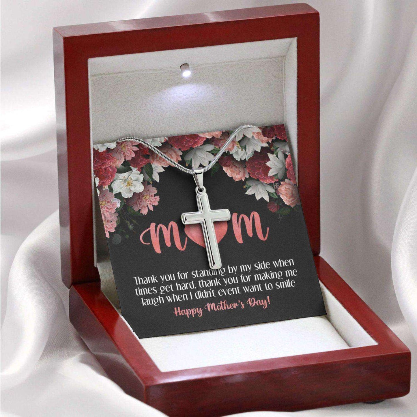 Mom Necklace, Gift For Mother’S Day Thank You For Standing By My Side, Heart Message Card Cross Necklace Gifts for Mother (Mom) Rakva