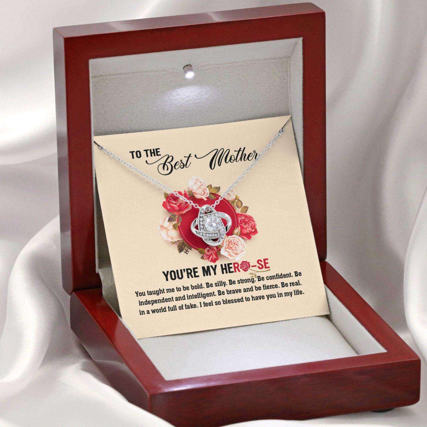 Mom Necklace, Gift For Mother’S Day You’Re My Herose, Message Card Love Knot Necklace Gifts for Mother (Mom) Rakva