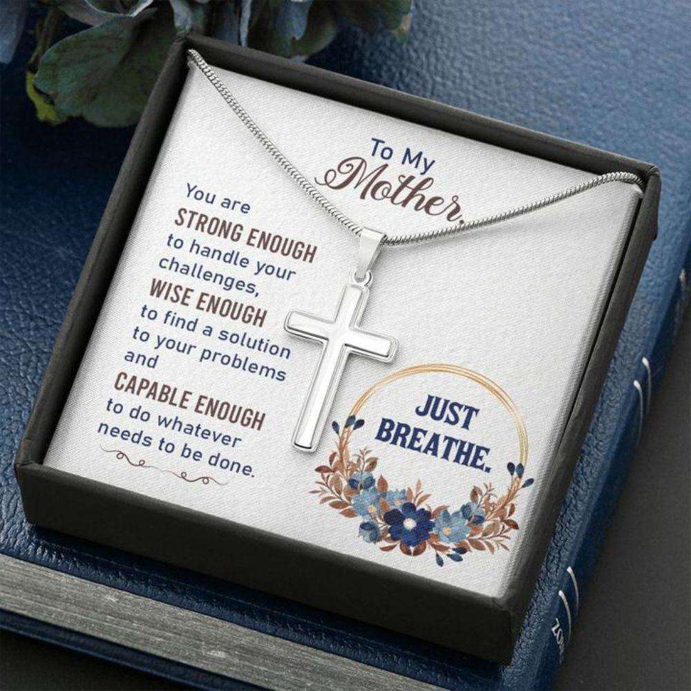 Mom Necklace, Gift To Mother “ Mom Necklace Just Breathe “ Forever Faithful Cross Necklace Gifts for Mother (Mom) Rakva