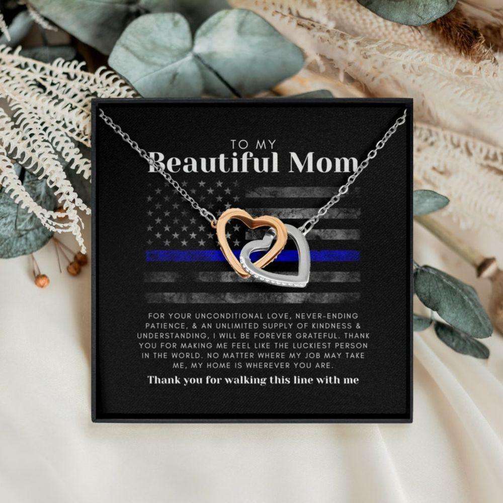 Mom Necklace, Police Gift For Mom: Police Themed Two Hearts Necklace, Christmas Thin Blue Line Leo Gift Gifts for Mother (Mom) Rakva