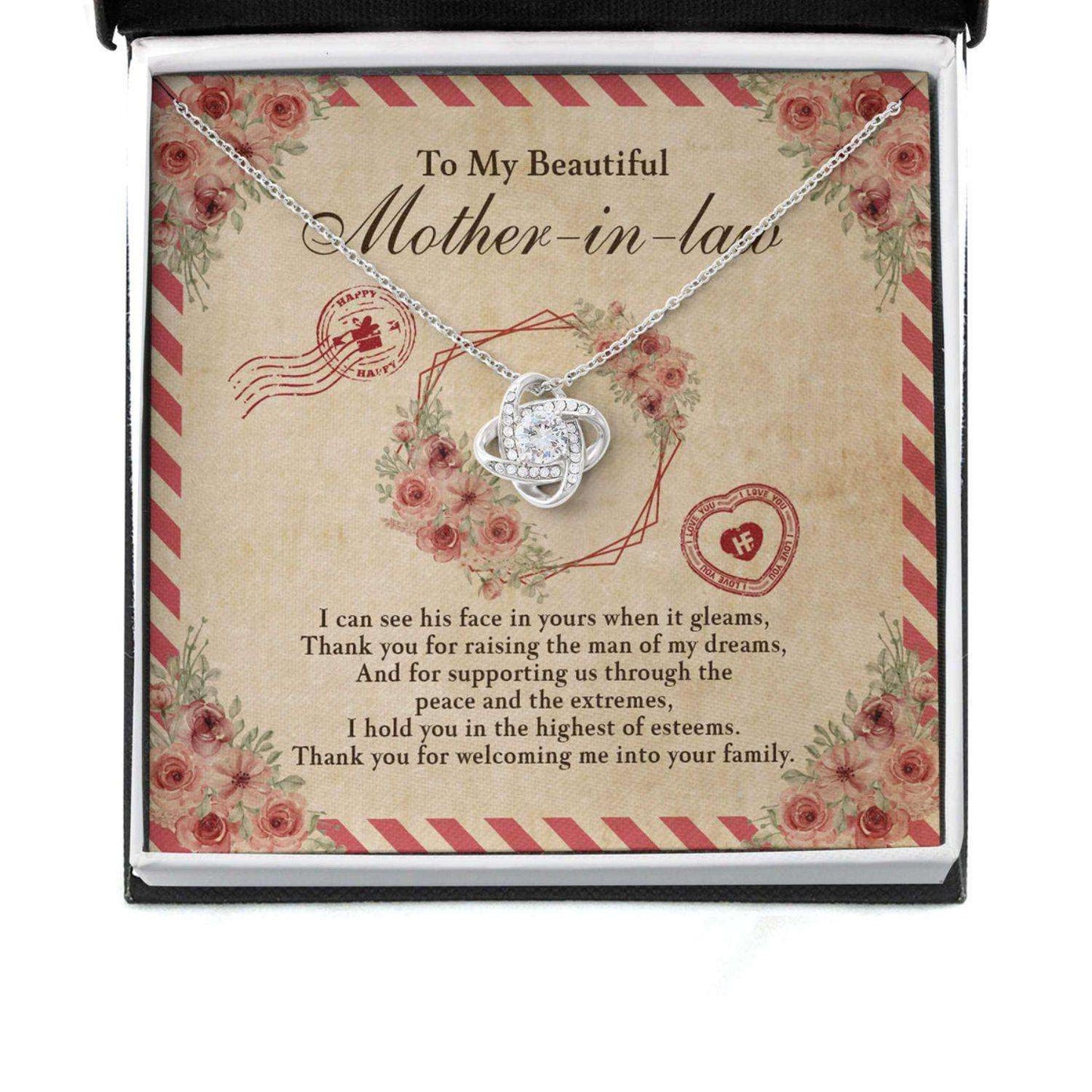 Mother In Law Necklace, Gift For Mother’S Day My Beautiful Mother In Law, Letter Message Card Love Knot Necklace Gifts for Mother (Mom) Rakva