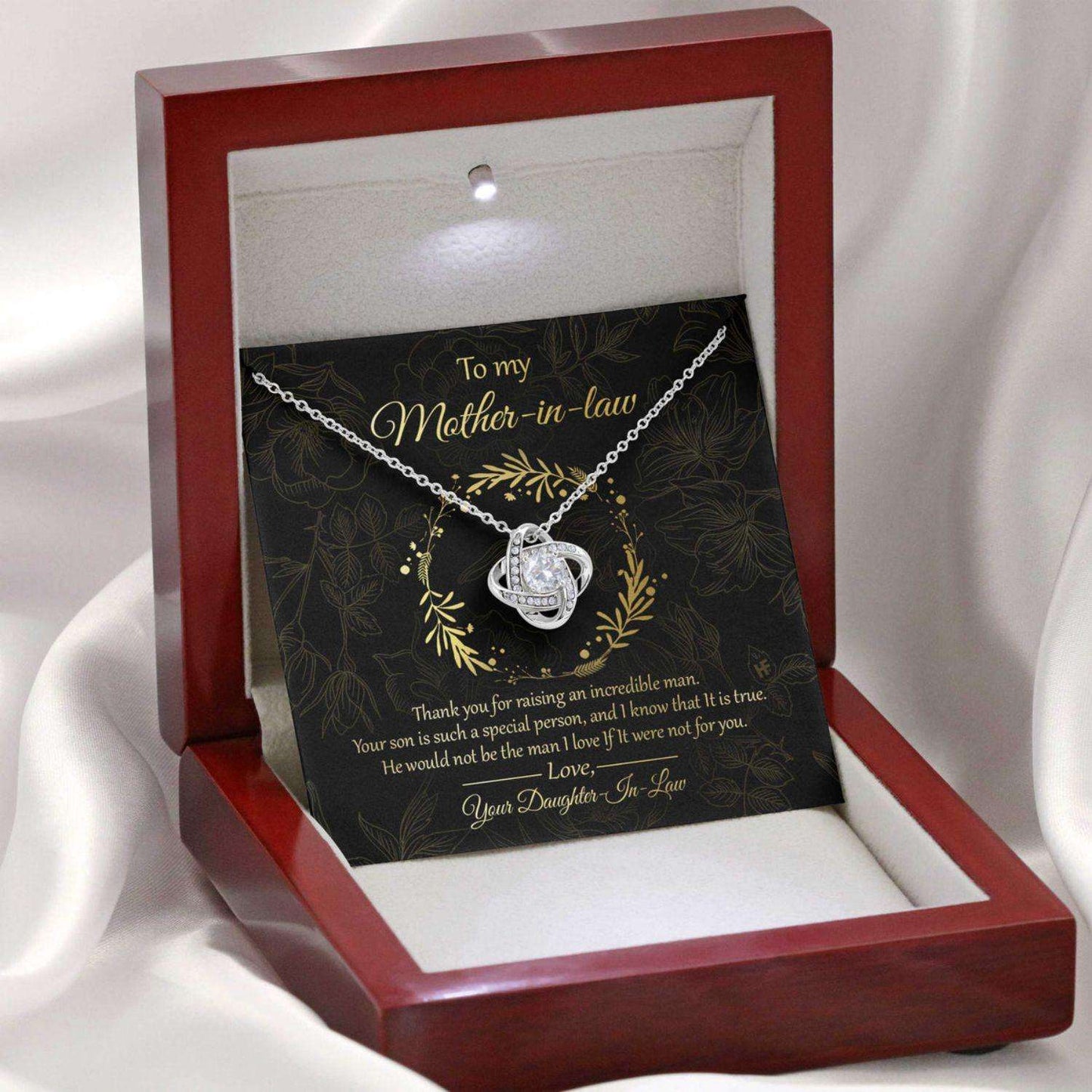 Mother In Law Necklace, Gift For Mother’S Day Thank You For Your Son, Message Card Love Knot Necklace Gifts for Mother (Mom) Rakva