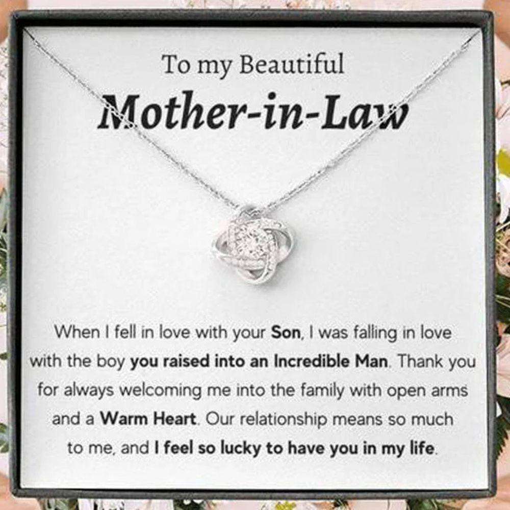 Mother-In-Law Necklace, To My Mother In Law “ I Feel So Lucky To Have You In My Life Love Knot Necklace Gifts for Mother In Law Rakva