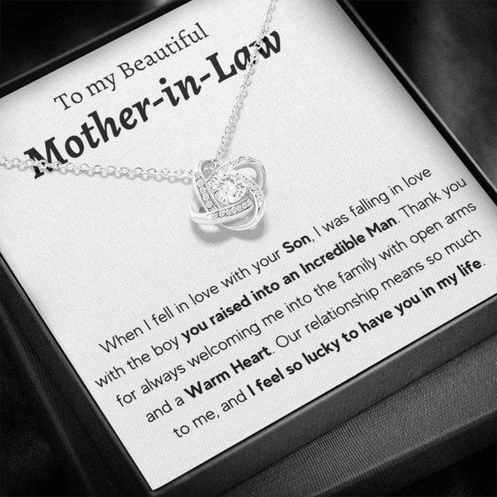 Mother-In-Law Necklace, To My Mother In Law “ I Feel So Lucky To Have You In My Life Love Knot Necklace Gifts for Mother In Law Rakva