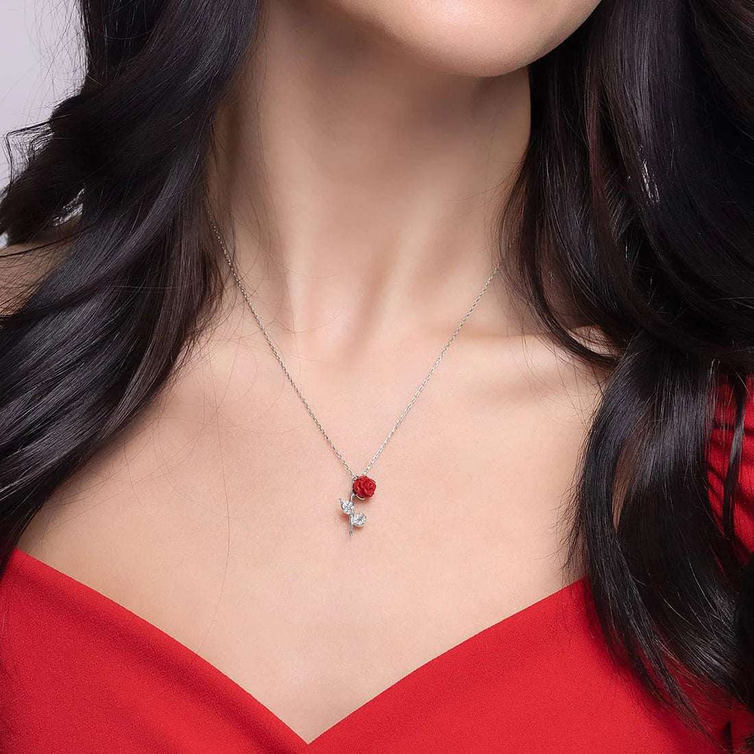 Red Rose Pure Silver Pendant Necklace For Self Rakva