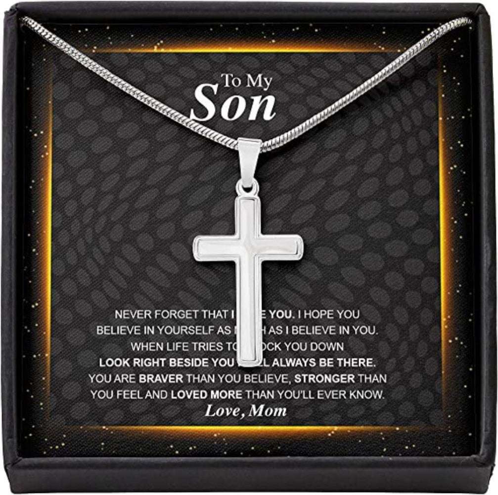 Son Necklace, To Son Necklace From Mom Believe Brave Strong Love, Cross Necklaces For Men Boys Kid Gifts for Mother (Mom) Rakva