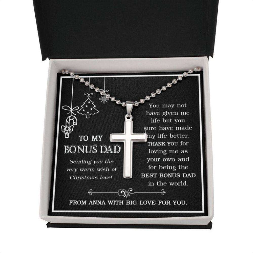 Stepdad Necklace, Bonus Dad Christmas Cross Ball Necklace, Christmas Necklace For Bonus Dad, Christmas Card Necklace Father's Day Rakva